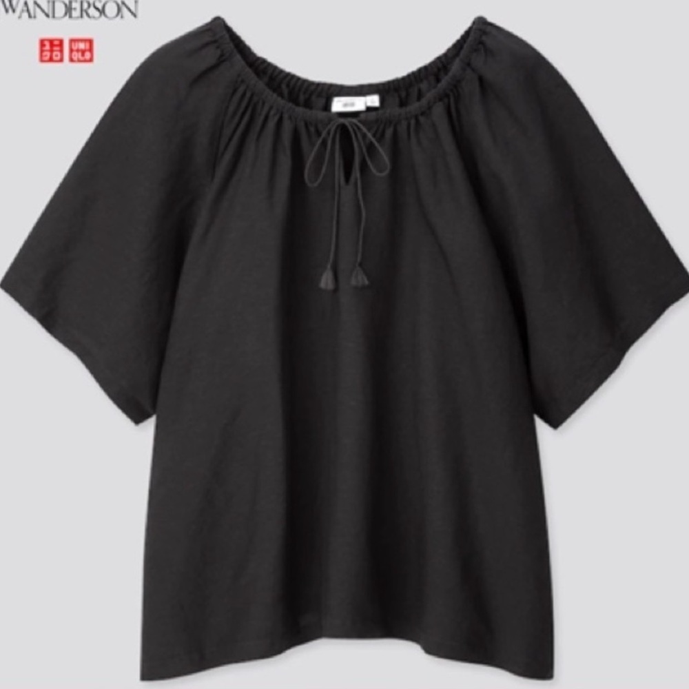 JW Anderson x Uniqlo Womens JWA Gathered Short Sleeve Black Tie Neck Blouse XS